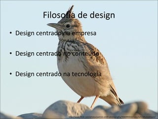 Filosofia de design
• Design centrado na empresa

• Design centrado no conteúdo

• Design centrado na tecnologia




                   http://www.flickr.com/photos/patrick-smith-photography/4566993532/sizes/o/in/photostream/
 