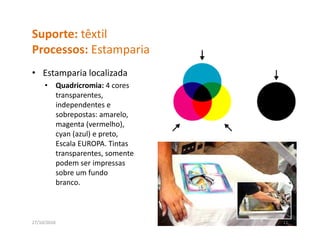 Suporte: têxtil
Processos: Estamparia
P          E       i
• Estamparia localizada
       p
     •       Quadricromia: 4 cores 
             transparentes, 
             independentes e 
                  p
             sobrepostas: amarelo, 
             magenta (vermelho), 
             cyan (azul) e preto, 
             Escala EUROPA. Tintas 
             transparentes, somente 
             podem ser impressas 
             sobre um fundo 
                b      f d
             branco.



27/10/2010                             11
 