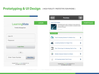 Prototyping & UI Design                 ( HIGH FIDELITY PROTOTYPE FOR IPHONE )




                                 LOGIN                                                        PORTFOLIO




              Copyright © 2012 LearningMate Solutions Pvt. Ltd. | SEI CMMI® Level 5 Company
 