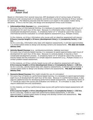 Based on information from several resources, SPP developed a list of various types of learning
experiences with varying levels of complexity and the time required to develop an 8-hour session
for each type. The following assumes that the trainer is an expert in the subject matter being
delivered. If this is not the case, the design and development times could increase.
1. Information-Only Courses (e.g., presentations)
For every hour of informational training, it is necessary to spend approximately eight hours of
development for each hour of the class. Because it is information only, it does not require a
complicated development process. A complexity factor of “1” should be used if the course is
informational and the evaluation is a simple objective assessment (e.g., Multiple Choice).
In this instance, an 8-hour information-only course with an objective assessment will require:
8 hours (course length) x 8 hours (development time) x 1 (complexity factor) = 64
hrs
So for a one-day, information-only class with objective assessments, it will take approximately
1.5 uninterrupted weeks to design and develop content and assessments. This does not include
delivery time.
2. Activity-Based Courses (e.g., workbooks/worksheets, tabletop exercises)
For every hour of activity-based training, it is necessary to spend approximately eight hours of
development for each hour of the class. Because it is activity-based, it requires a more
complicated development process. A complexity factor of “2” should be used if the course is
activity-based and the evaluation is a simple objective assessment (e.g., Multiple Choice) or a
written problem-based assessment.
In this instance, an 8-hour activity-based course with an objective assessment will require:
8 hrs (course length) x 8 hrs (development time) x 2 (complexity factor) = 128 hrs
So for a one-day, activity-based class with objective assessments, it will take approximately 3
uninterrupted weeks to design and develop content and assessments. This does not include
delivery time.
3. Scenario-Based Courses (this might include the use of a simulator)
For every hour of hands-on, performance-based training, it is necessary to spend approximately
eight hours of development for each hour of the class. Because it is performance-based, it also
requires additional time for developing performance-based assessments. A complexity factor of
“3” should be used if the course and evaluation are hands-on. If a simulator is used, this will
require additional time and coordination.
In this instance, an 8-hour performance-base course with performance-based assessments will
require:
8 hrs (course length) x 8 hrs (development time) x 3 (complexity factor) = 192 hrs
So for a one-day, hands-on class with performance-based assessments, it will take
approximately 5 uninterrupted weeks to design and develop content and assessments. This
does not include delivery time.

Page 2 of 4

 