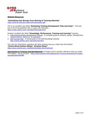 Website Resources
“Calculating Cost Savings From Sharing of Training Materials”
http://www.eh.doe.gov/nsps/training/costsav.pdf
This is an excellent site titled “Estimating Training Development Time and Costs”. This site
has an Excel spreadsheet with a rough cost estimator.
http://www.nwlink.com/~donclark/hrd/costs.html
Another excellent site titled “Knowledge, Performance, Training and Learning” contains
1. Instructional System Development Manual - A complete guide to analysis, design, development,
implementation (delivery), & evaluation.
2. ISD Concept Map - A visual guide to the learning design process.
http://www.nwlink.com/~donclark/hrd.html
This site has information regarding job tasks analysis that you might also find helpful:
“Instructional System Design: Analysis Phase”.
http://www.nwlink.com/~donclark/hrd/sat2.html#traincost
Approaches to Training and Development by Dugan Laird is another reference that you might
find helpful- link to Amazon: http://www.amazon.com/Approaches-Training-Development-DuganLaird/dp/0201044986

Page 4 of 4

 