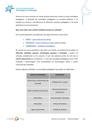 




Devemos ter esses conceitos em mente quando estivermos criando as nossas estratégias 
pedagógicas.  A  definição  das  estratégias  pedagógicas  ou  situações  didáticas  é  um 
trabalho  que  envolve  o  entendimento  de  diferentes  conceitos  pedagógicos  e  de  muita 
experiência na área educacional.  

Mas, como saber qual a melhor atividade que deve ser utilizada? 

Essa escolha dependerá, principlamete, dos seguintes fatores, entre outros: 

          •    PERFIL – quem são nossos alunos 
          •    CONTEXTO – qual o contexto em que estão inseridos 
          •    TECNOLOGIA – condições tecnológicas 

De acordo com nossa experiência, não existe uma receita, um padrão pré‐concebido. As 
diferentes  atividades  possuem  contribuições  positivas  e  limitações  e  podem  ser 
utilizadas  isoladamente  ou  em  conjunto.  O  que  não  podemos  perder  de  vista  são  os 
valores educacionais que acreditamos  e o fato das estratégias pedagógicas terem como 
finalidade  a  aprendizagem.  Criar  possibilidades  de  aprendizagem  define  o  caráter 
intencional das atividades.  

Vejamos algumas atividades e as estratégias pedagógicas que podem ser elaboradas: 


                     TIPOS DE ATIVIDADES                   ESTRATÉGIA 


                 Tutorial para conhecimento de 
                                                      Diálogo entre os pares 
                            conteúdo 


                                                       Buscas heurísticas ou 
                  Banco de dados educacionais 
                                                           hierárquicas 


                           Hipermídias              Apresentações interativas 


                           Simulações                   Práticas interativas 


                       Jogos educacionais               Criação de Cenários 




                                                                                                 [14] 
 
 