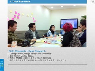 5. Desk Research

Field Research + Desk Research
• Carnegie Mellon, Design for the Clinic Experience
• 월간 디자인, Medical Design
• 특허1, RFID를 이용한 진료 안내 서비스 제공 방법
• 특허2, 고객에게 절차 별 다음 서비스에 관한 정보를 안내하는 시스템

11

 
