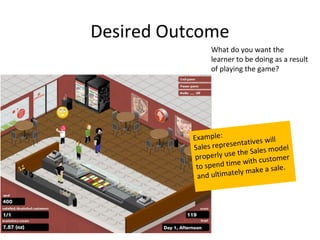 Desired Outcome
                 What do you want the
                 learner to be doing as a result
                 of playing the game?




           Example:                will
           Sales rep resentatives
                                    model
            properly u se the Sales
                                        m er
                          e with custo
            to spend tim            sale.
            and ultim  ately make a
 
