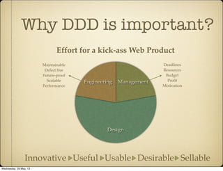 Why DDD is important?
Design
ManagementEngineering
Effort for a kick-ass Web Product
Deadlines
Resources
Budget
Proﬁt
Motivation
Maintainable
Defect free
Future-proof
Scalable
Performance
Innovative Useful Usable Desirable Sellable
Wednesday, 29 May, 13
 