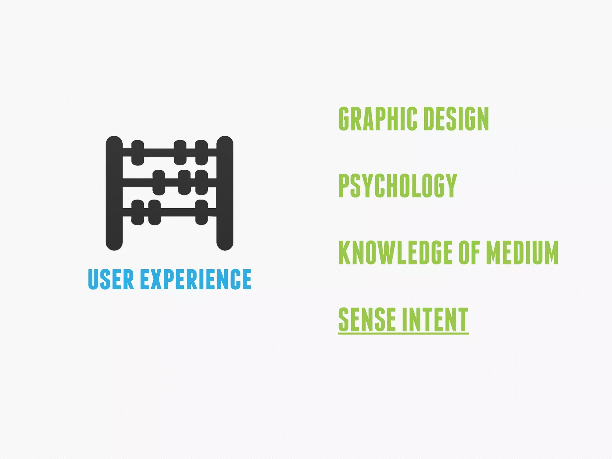 userexperience
GRAPHICDESIGN
PSYCHOLOGY 
KNOWLEDGEOFMEDIUM
SENSEINTENT
 
