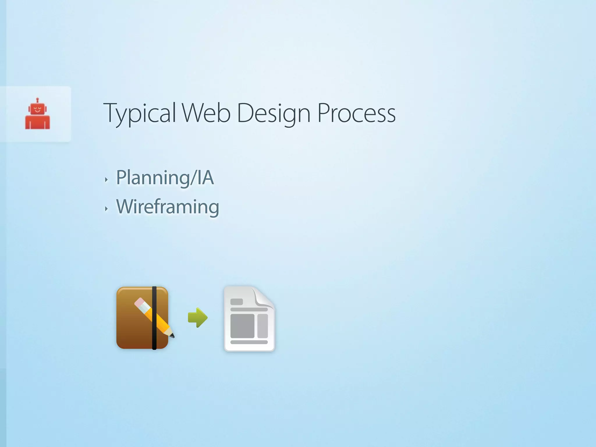 Typical Web Design Process

‣   Planning/IA
‣   Wireframing
 