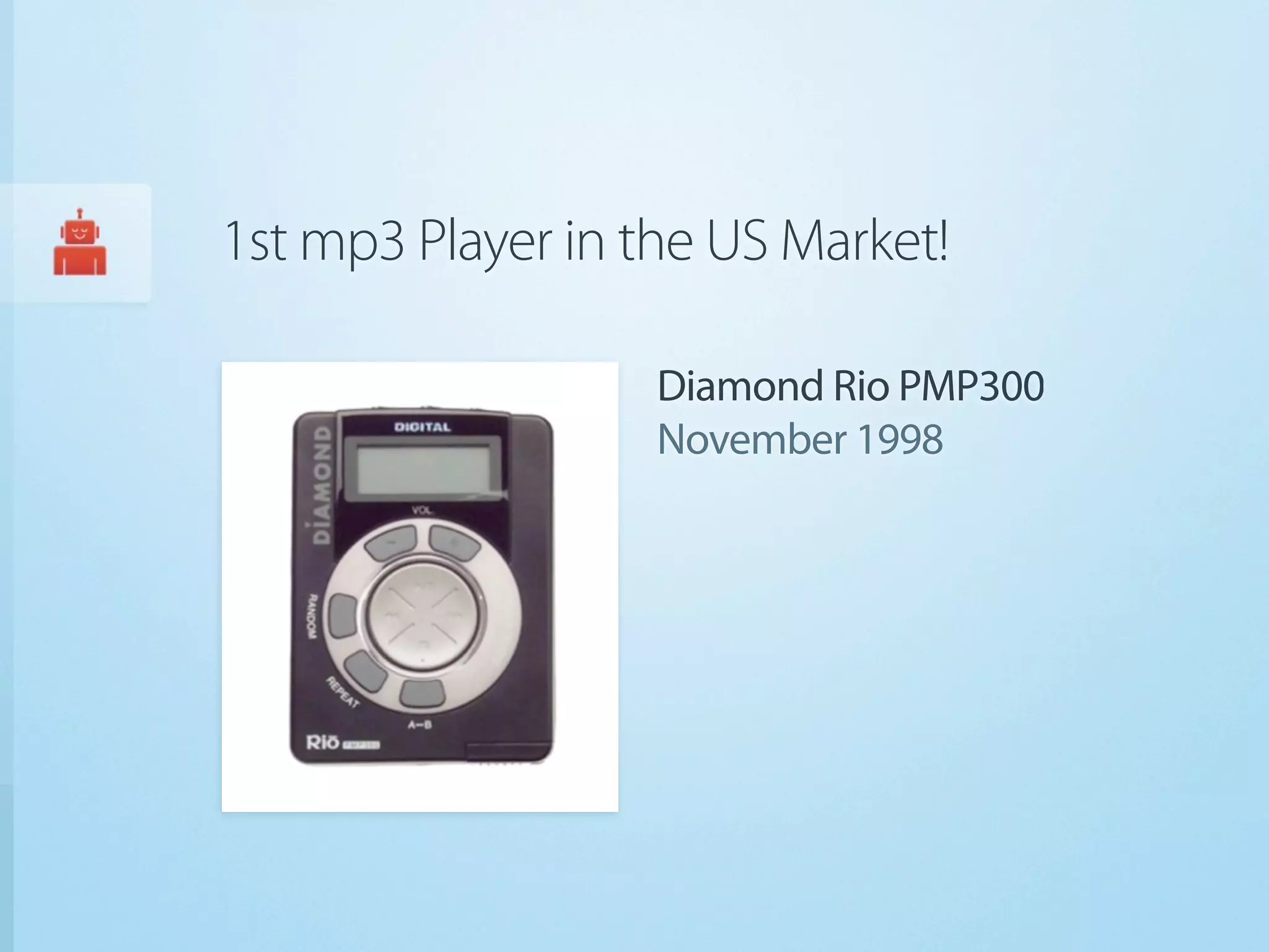 1st mp3 Player in the US Market!

                   Diamond Rio PMP300
                   November 1998
 