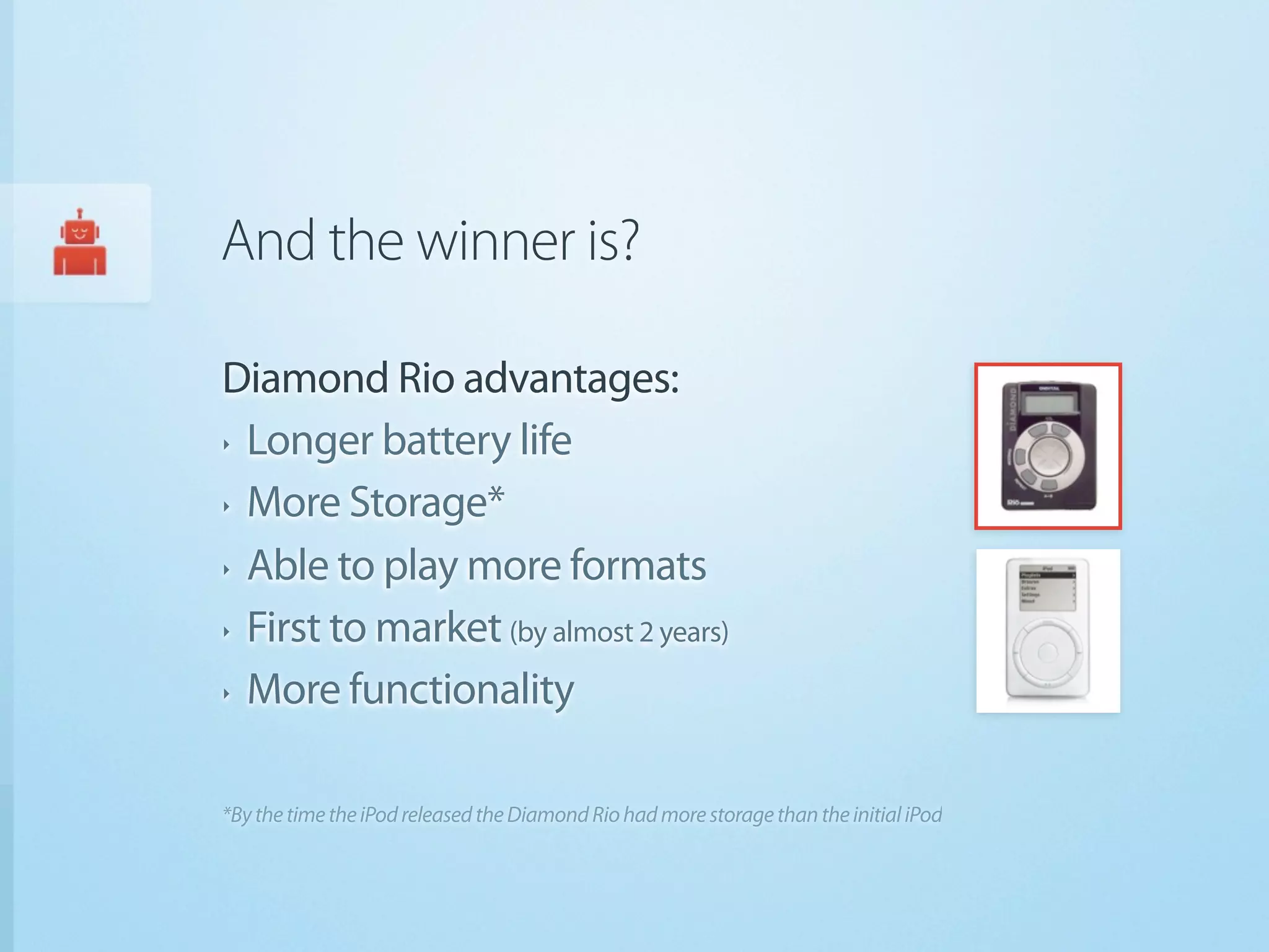 And the winner is?

Diamond Rio advantages:
‣ Longer battery life


‣ More Storage*


‣ Able to play more formats


‣ First to market (by almost 2 years)


‣ More functionality




*By the time the iPod released the Diamond Rio had more storage than the initial iPod
 