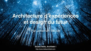Architecture d’expériences
et design du futur
Par Jonathan Bélisle
http://www.helloarchitekt.com
Studio Hello, Architekt !
 