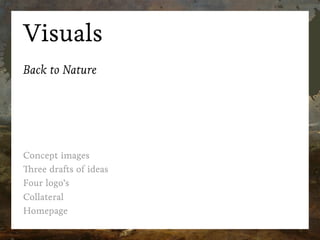 Visuals
Back to Nature
Concept images
Three drafts of ideas
Four logo’s
Collateral
Homepage
 