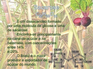 SacaroseC12H22O11 	É um dissacarídeo formado por uma molécula de glicose e uma de sacarose.	Encontra-se principalmente na cana-de-açúcar e na beterraba, com concentrações entre 14% e 20%.	O Brasil é o maior produtor e exportador de açúcar do mundo.