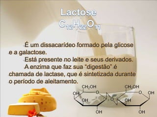 Lactose C12H22O11	É um dissacarídeo formado pela glicose e a galactose.	Está presente no leite e seus derivados.	A enzima que faz sua “digestão” é chamada de lactase, que é sintetizada durante o período de aleitamento.