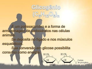 Glicogênio(C6H12O6)n	É um polissacarídeo e a forma de armazenagem de carboidratos nas células animais.	Se deposita no fígado e nos músculos esqueléticos.	Sua conversão em glicose possibilita consumo como energia. 