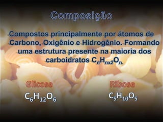 ComposiçãoCompostos principalmente por átomos de Carbono, Oxigênio e Hidrogênio. Formando uma estrutura presente na maioria dos carboidratos CnHnx2On.GlicoseRiboseC6H12O6C5H10O5