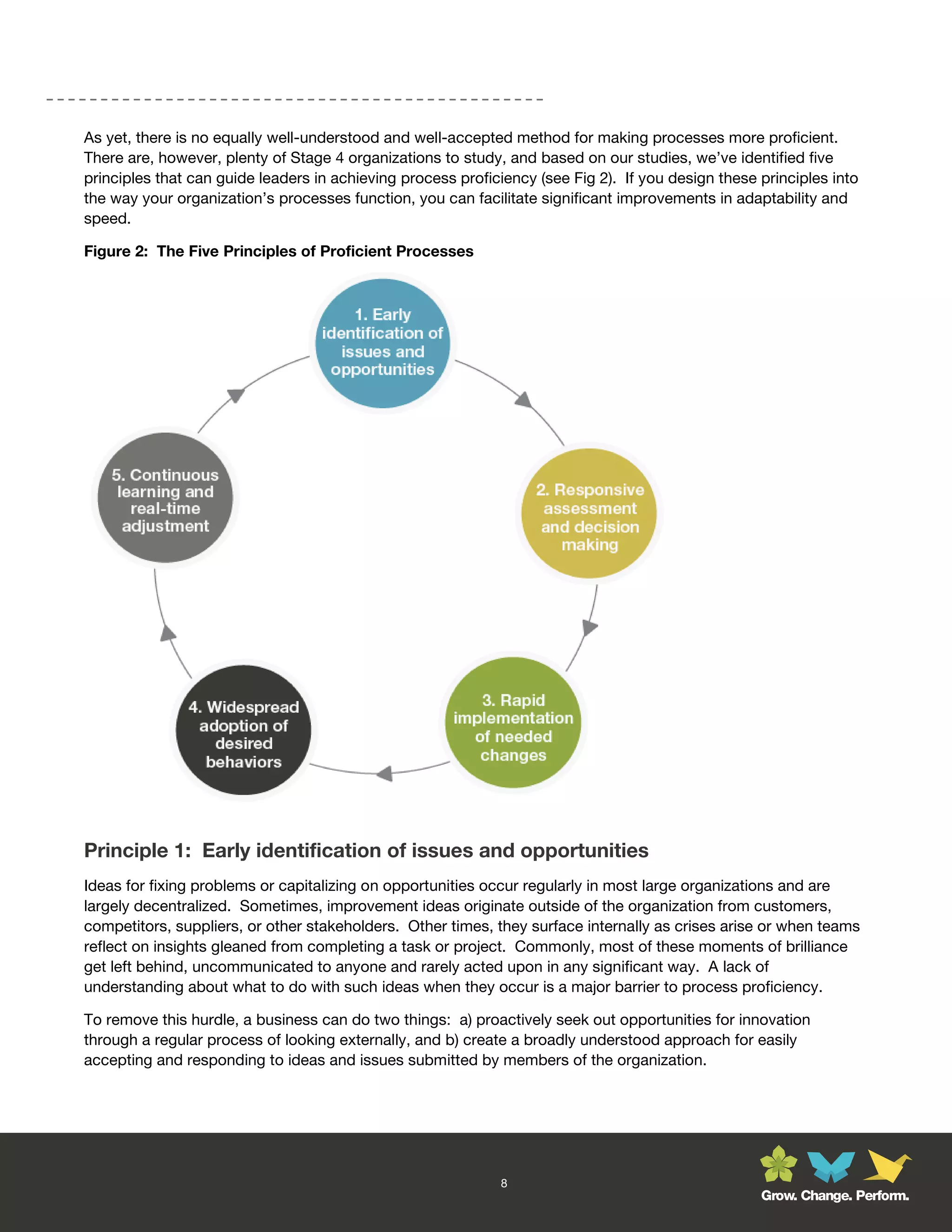 As yet, there is no equally well-understood and well-accepted method for making processes more proficient.
There are, however, plenty of Stage 4 organizations to study, and based on our studies, we’ve identified five
principles that can guide leaders in achieving process proficiency (see Fig 2). If you design these principles into
the way your organization’s processes function, you can facilitate significant improvements in adaptability and
speed.

Figure 2: The Five Principles of Proficient Processes




Principle 1: Early identification of issues and opportunities
Ideas for fixing problems or capitalizing on opportunities occur regularly in most large organizations and are
largely decentralized. Sometimes, improvement ideas originate outside of the organization from customers,
competitors, suppliers, or other stakeholders. Other times, they surface internally as crises arise or when teams
reflect on insights gleaned from completing a task or project. Commonly, most of these moments of brilliance
get left behind, uncommunicated to anyone and rarely acted upon in any significant way. A lack of
understanding about what to do with such ideas when they occur is a major barrier to process proficiency.

To remove this hurdle, a business can do two things: a) proactively seek out opportunities for innovation
through a regular process of looking externally, and b) create a broadly understood approach for easily
accepting and responding to ideas and issues submitted by members of the organization.




                                                             8
                                                                                                    Grow. Change. Perform.
 