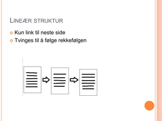 Lineær strukturKun link til neste sideTvinges til å følge rekkefølgen