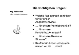 Die wichtigsten Fragen:
Key Resources
Die wichtigsten Fragen:
W l h R b öti
6. Die wichtigsten Ressourcen
 Welche Ressourcen benötigen
wir für unser
A b t/S i ?Angebot/Service?
 … für unsere Vertriebskanäle?
 … für unsere
Kundenbeziehungen?g
 … für unsere Revenue
Streams?Streams?
 Kaufen wir diese Ressourcen,
mieten wir sie oder?mieten wir sie … oder?
 