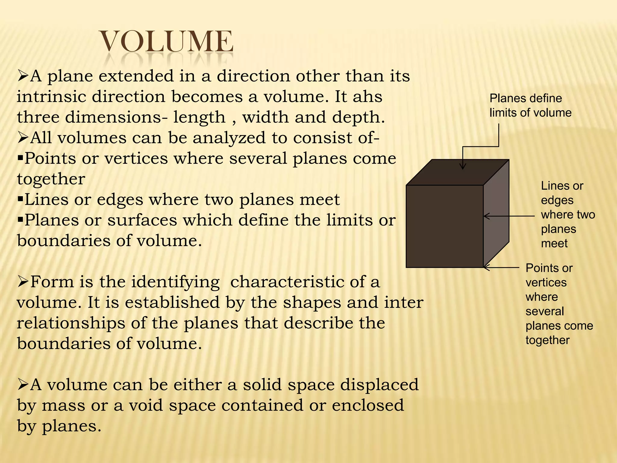VOLUME
A plane extended in a direction other than its
intrinsic direction becomes a volume. It ahs
three dimensions- length , width and depth.
All volumes can be analyzed to consist of-
Points or vertices where several planes come
together
Lines or edges where two planes meet
Planes or surfaces which define the limits or
boundaries of volume.
Form is the identifying characteristic of a
volume. It is established by the shapes and inter
relationships of the planes that describe the
boundaries of volume.
A volume can be either a solid space displaced
by mass or a void space contained or enclosed
by planes.
Planes define
limits of volume
Lines or
edges
where two
planes
meet
Points or
vertices
where
several
planes come
together
 