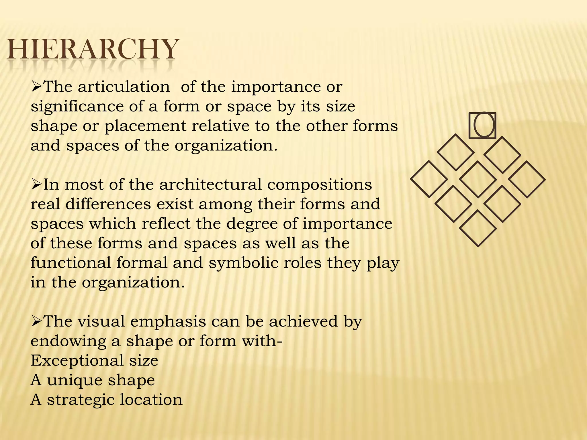HIERARCHY
The articulation of the importance or
significance of a form or space by its size
shape or placement relative to the other forms
and spaces of the organization.
In most of the architectural compositions
real differences exist among their forms and
spaces which reflect the degree of importance
of these forms and spaces as well as the
functional formal and symbolic roles they play
in the organization.
The visual emphasis can be achieved by
endowing a shape or form with-
Exceptional size
A unique shape
A strategic location
 