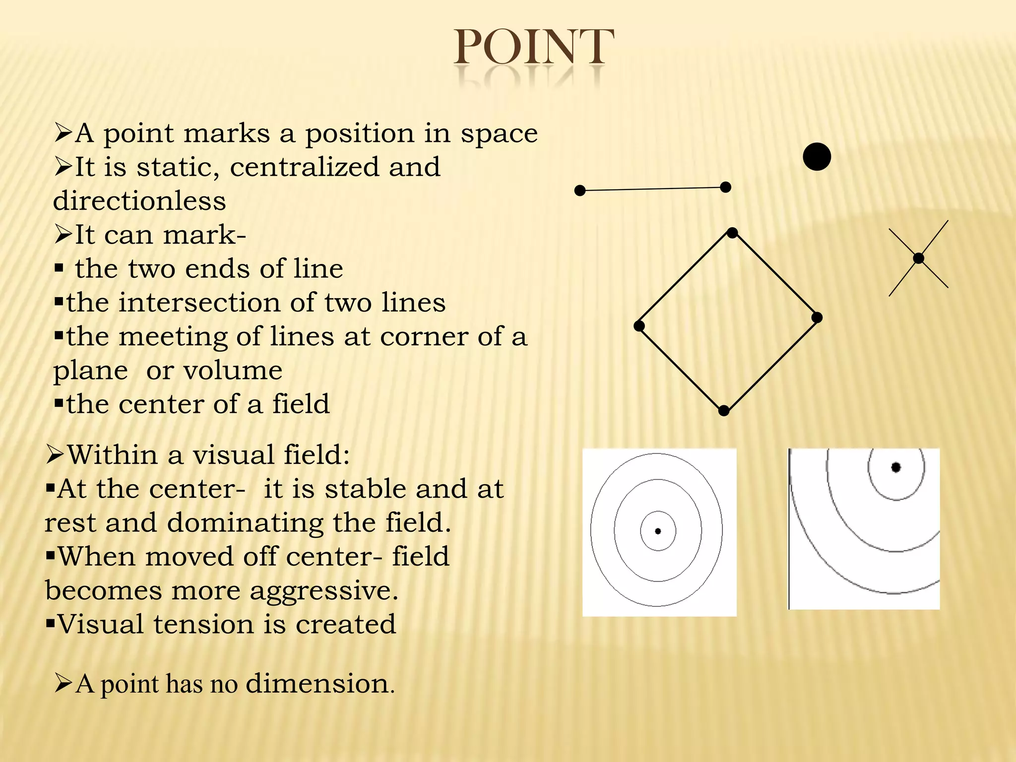 POINT
A point marks a position in space
It is static, centralized and
directionless
It can mark-
 the two ends of line
the intersection of two lines
the meeting of lines at corner of a
plane or volume
the center of a field
Within a visual field:
At the center- it is stable and at
rest and dominating the field.
When moved off center- field
becomes more aggressive.
Visual tension is created
A point has no dimension.
 