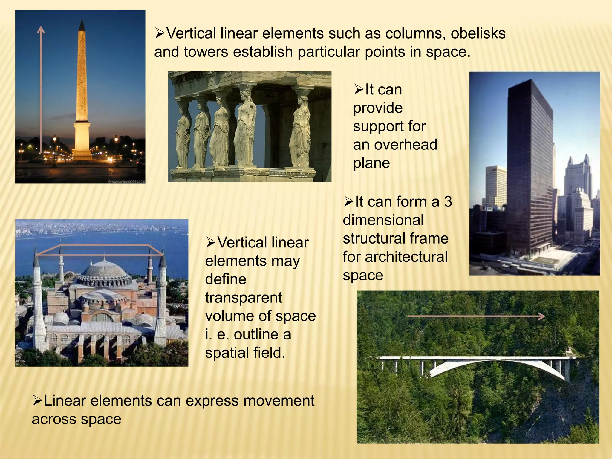 Vertical linear elements such as columns, obelisks
and towers establish particular points in space.
Vertical linear
elements may
define
transparent
volume of space
i. e. outline a
spatial field.
Linear elements can express movement
across space
It can
provide
support for
an overhead
plane
It can form a 3
dimensional
structural frame
for architectural
space
 