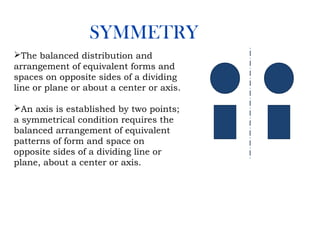 SYMMETRY
The balanced distribution and
arrangement of equivalent forms and
spaces on opposite sides of a dividing
line or plane or about a center or axis.
An axis is established by two points;
a symmetrical condition requires the
balanced arrangement of equivalent
patterns of form and space on
opposite sides of a dividing line or
plane, about a center or axis.
 