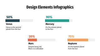 Design Elements Infographics
Venus
Venus is the second
planet from the Sun
50%
Mars
Despite being red,
Mars is a cold place
30%
Mercury
It’s the closest planet
to the Sun
90%
Neptune
It’s the farthest planet
from the Sun
75%
 