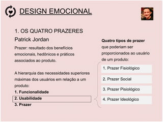 DESIGN EMOCIONAL
1. OS QUATRO PRAZERES
Patrick Jordan
Prazer: resultado dos benefícios
emocionais, hedônicos e práticos
as...