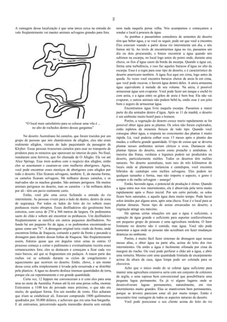2
A vantagem dessa localização é que uma única cerca na entrada do
vale freqüentemente vai manter animais selvagens grandes para fora.
“O local mais satisfatório para se colocar uma vila é ...
no alto de rochedos dentro dessas gargantas”
No deserto Australiano há camelos, que foram trazidos por um
grupo de pessoas que nós chamávamos de afegãos; eles não eram
realmente afegãos, vieram do lado paquistanês da passagem de
Khyber. Essas pessoas trouxeram camelos para usar no transporte de
produtos para os mineiros que operavam no interior do país. No final,
instalaram uma ferrovia, que foi chamada de O Afegão. Ela vai até
Alice Springs. Esse trem acabou com o negócio dos afegãos, então
eles se assentaram e casaram-se com mulheres aborígenes. Agora,
você pode encontrar esses mestiços de aborígenes com afegãos por
todo o deserto. Eles ficaram selvagens, também. E, da mesma forma,
os camelos ficaram selvagens. Há milhares desses camelos, e os
malvados são os machos grandes. São animais perigosos. Há muitos
animais perigosos no deserto, mas os camelos - e há milhares deles
por ali - têm um pavio realmente curto.
Então, você põe uma cerca fechando a entrada do rio
intermitente. As pessoas vivem para o lado de dentro, dentro da zona
de segurança. Por todos os lados do leito do rio sobem esses
penhascos muito abruptos. Esses desfiladeiros são geralmente bem
estreitos, com cerca de 270 a 360 metros de largura. Os pedimentos
saem do chão e sobem até encontrar os penhascos. Um desfiladeiro
freqüentemente se ramifica em outros pequenos desfiladeiros. No
fundo há um pequeno fio de água, e os pedimentos encontrando-se
quase como um "V". A drenagem original teria vindo da frente, onde
encontrou linhas de fraqueza, cortando a partir da frente e puxando a
drenagem para dentro dessas linhas de fraqueza. São freqüentemente
assim, fraturas quase que em ângulos retos umas às outras. O
processo começa a cortar o pedimento e eventualmente recorta esses
remanescentes fora; eles se destacam e começam a ficar cada vez
mais baixos, até que se fragmentam em pedaços. A maior parte das
rochas vai se soltando durante os ciclos de congelamento e
aquecimento que ocorrem no deserto. Então, chove, e um monte
dessa coisa solta simplesmente é levada pela enxurrada e se distribúi
pela planície. A água no deserto desloca imensas quantidades de terra,
porque ela cai repentinamente e em grande quantidade.
Certa vez, 12 hippies me convenceram a ir com eles para uma
área no oeste da Austrália. Fomos até lá em uma perua velha, enorme.
Estávamos a 1100 km do povoado mais próximo, o que não era
muito, de qualquer forma. Era um moinho de vento. Eles acharam
que iriam se estabelecer ali. Estavam comprando 1800 quilômetros
quadrados por 30.000 dólares, e achavam que era uma boa barganha.
E ali estávamos, percorrendo aquela imensidão deserta sem estrada
nem nada naquela perua velha. Nós acampamos e começamos a
sondar o local à procura de água.
As pombas e passarinhos comedores de sementes do deserto
têm que beber água, e se você os seguir, pode ser que você a encontre.
Eles estavam voando a partir desse rio intermitente um dia, e nós
fomos até lá. Ao invés de encontrarmos água no rio, passamos um
dia ou dois procurando, e fomos encontrar a água quando nós
subimos na escarpa, no local logo antes do ponto onde, durante uma
chuva, os fios d’água caem da borda da escarpa. Quando a água cai,
forma uma turbulência, e isso faz aqueles buracos d’água no alto da
escarpa. Essa é a regra para esse tipo de deserto, e é característico do
deserto americano também. A água fica aqui em cima, logo antes da
queda. Às vezes você encontra buracos cheios de areia lá em cima,
que você pode escavar, e haverá água dentro deles. A areia armazena
água equivalente à metade de seu volume. Na areia, é possível
armazenar água sem evaporar. Você pode fazer um tanque e enchê-lo
com areia, e a água entre os grãos de areia é bem boa. Ela não vai
evaporar, e outros animais não podem bebê-la, então esse é um jeito
bom e seguro de armazenar água.
Encontramos água livre naquela escarpa. Passamos a maior
parte do dia sentados dentro d’água. Após as 11 da manhã, o deserto
é um ambiente muito hostil para o homem.
Porém, a vegetação do deserto cresce muito rapidamente se for
possível obter água para as plantas. Os solos não foram explorados;
estão repletos de minerais frescos de todo tipo. Quando você
consegue obter água, a resposta no crescimento das plantas é muito
rápida. Lá, você poderia colher uvas 15 meses após o plantio das
mudas, e colheria grande quantidade. O tipo de coisas que se deveria
plantar nesses ambientes seriam cítricos e uvas. Damascos são
plantas típicas do deserto, assim como pistache e amêndoas. A
maioria das frutas, verduras e legumes podem ser produzidos no
deserto, particularmente melões. Todos os desertos têm melões
naturais. No deserto australiano, num raio de três kilômetros de
locais onde se plantaram melancias e cantalupos, você encontra
híbridos de cantalupo com melões selvagens. Eles podem ter
qualquer tamanho e forma, mas não importa o aspecto, o gosto é
sempre o do melão selvagem – amargo!
Então, havendo água, o potencial de produção é ótimo. Quando
a água entra nos rios intermitentes, ela é absorvida pela terra muito
rapidamente após o fluxo inicial. Por um certo período, os solos
ficam bem saturados, e aquela água dura muito tempo. Pode haver
solos úmidos por alguns anos, após uma chuva. Esse é o local para se
plantar tâmaras. Nesse tipo de areias enxarcadas no deserto, a
vegetação atinge seu máximo.
Há apenas certas situações em que a água é suficiente, a
captação de água grande o suficiente para suportar confiavelmente
um pequeno grupo de pessoas e uma agricultura modesta. O fator
limitante no deserto não é comida, mas água. Você não pode
aumentar a água onde as pessoas não acreditam em fazer mudanças
drásticas no ambiente.
Porém, é muito fácil fazer sistemas de drenagem aqui nessas
mesas altas, e obter água na parte alta, acima do leito dos rios
intermitentes. Ou então a água é facilmente sifonada por cima da
margem do riacho. Ou você pode perfurar o chão até a água, e abrir
uma torneira. Mesmo com uma quantidade limitada de escarpamento
acima da altura da casa, água limpa pode ser coletada para os
chuveiros.
Acho que o único modo de se coletar água suficiente para
manter uma agricultura extensiva seria com um conjunto de coletores
de argila, e uma represa bem convencional que possibilitaria uma
pequena lagoa permanente. Eu já vi alguns lugares onde se
desenvolveram lagoas permanentes, naturalmente, em rios
intermitentes muito grandes. Elas se mantiveram bem permanentes,
porque as árvores pareciam estar ali por muito tempo. Então é
necessário tirar vantagem de todos os aspectos naturais do deserto.
Você pode posicionar o seu cliente acima do leito do rio
 