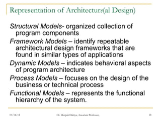 Representation of Architectur e (al Design) Structural Models-  organized collection of program components Framework Models  – identify repeatable architectural design frameworks that are found in similar types of applications Dynamic Models  – indicates behavioral aspects of program architecture Process Models  – focuses on the design of the business or technical process Functional Models  – represents the functional hierarchy of the system. 