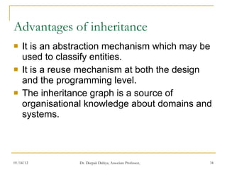 Advantages of inheritance It is an abstraction mechanism which may be used to classify entities. It is a reuse mechanism at both the design and the programming level. The inheritance graph is a source of organisational knowledge about domains and systems. 