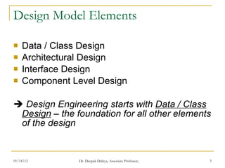 Design Model Elements Data / Class Design Architectural Design Interface Design Component Level Design    Design Engineering starts with  Data / Class Design  – the foundation for all other elements of the design 