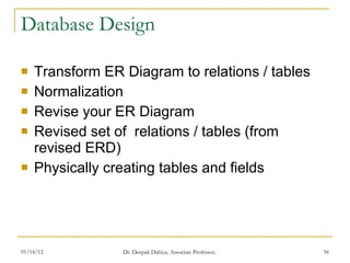Database Design Transform ER Diagram to relations / tables Normalization Revise your ER Diagram Revised set of  relations / tables (from revised ERD) Physically creating tables and fields 