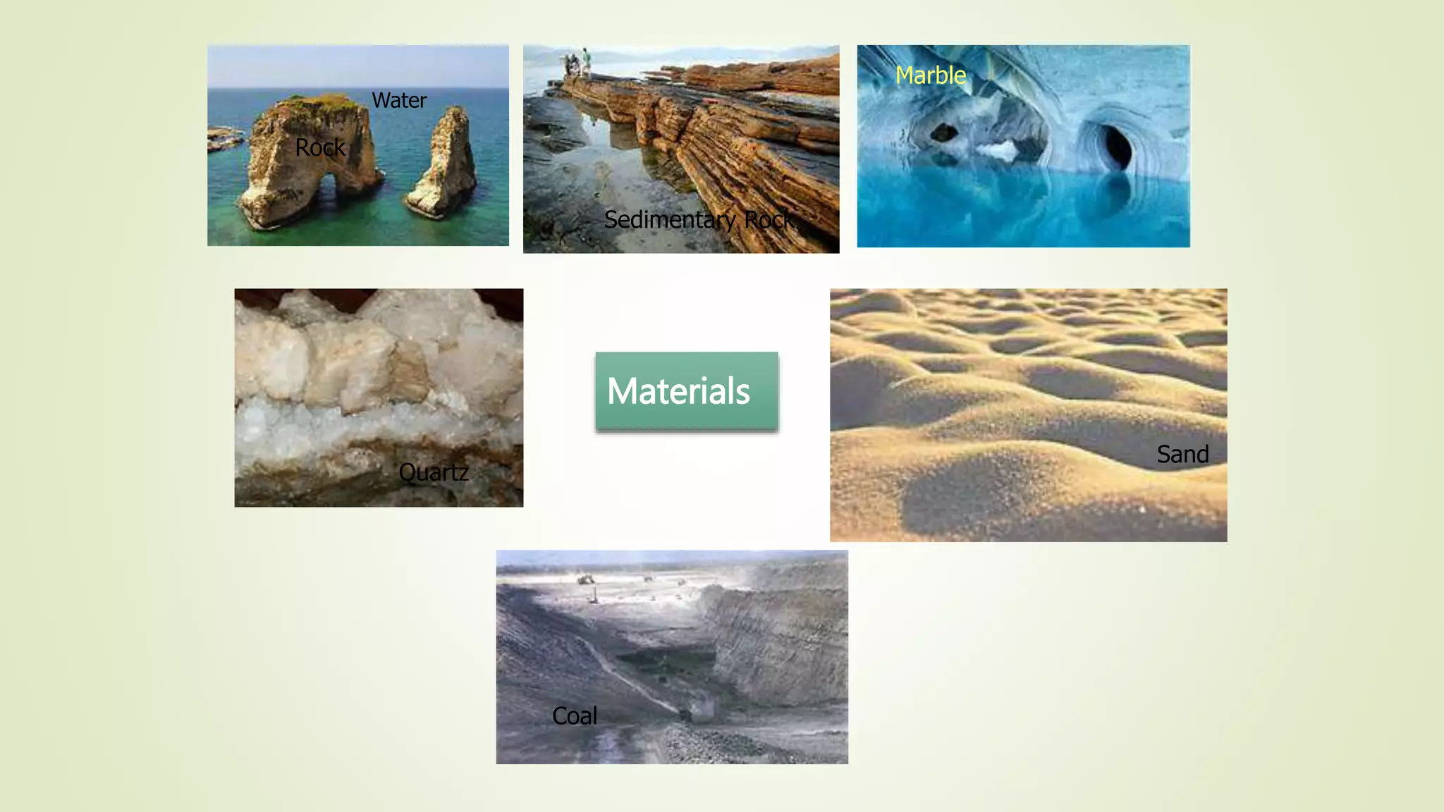 Materials
Coal
Sedimentary Rock
Quartz
Rock
Sand
Marble
Water
 