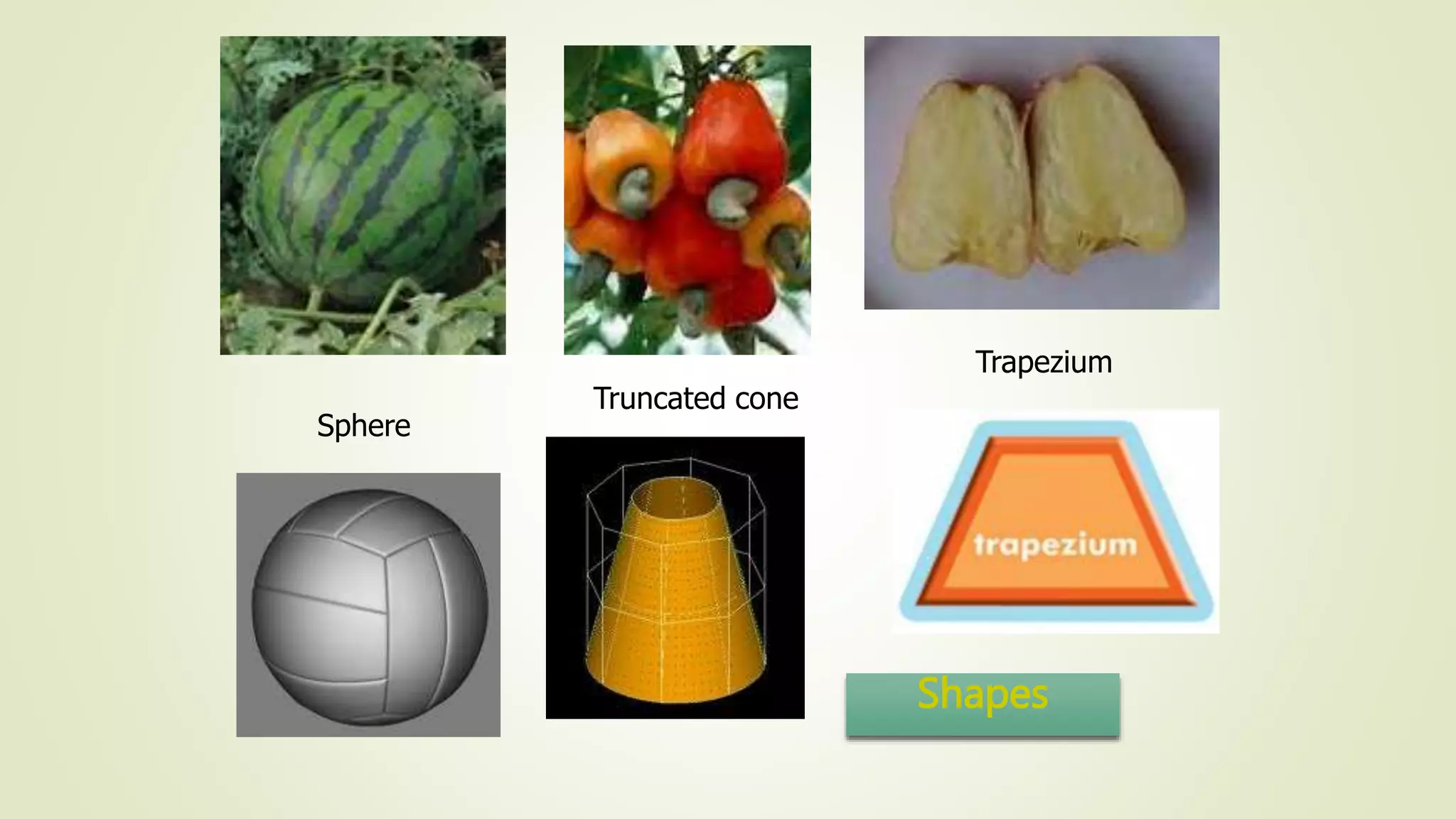 Shapes
Sphere
Truncated cone
Trapezium
 