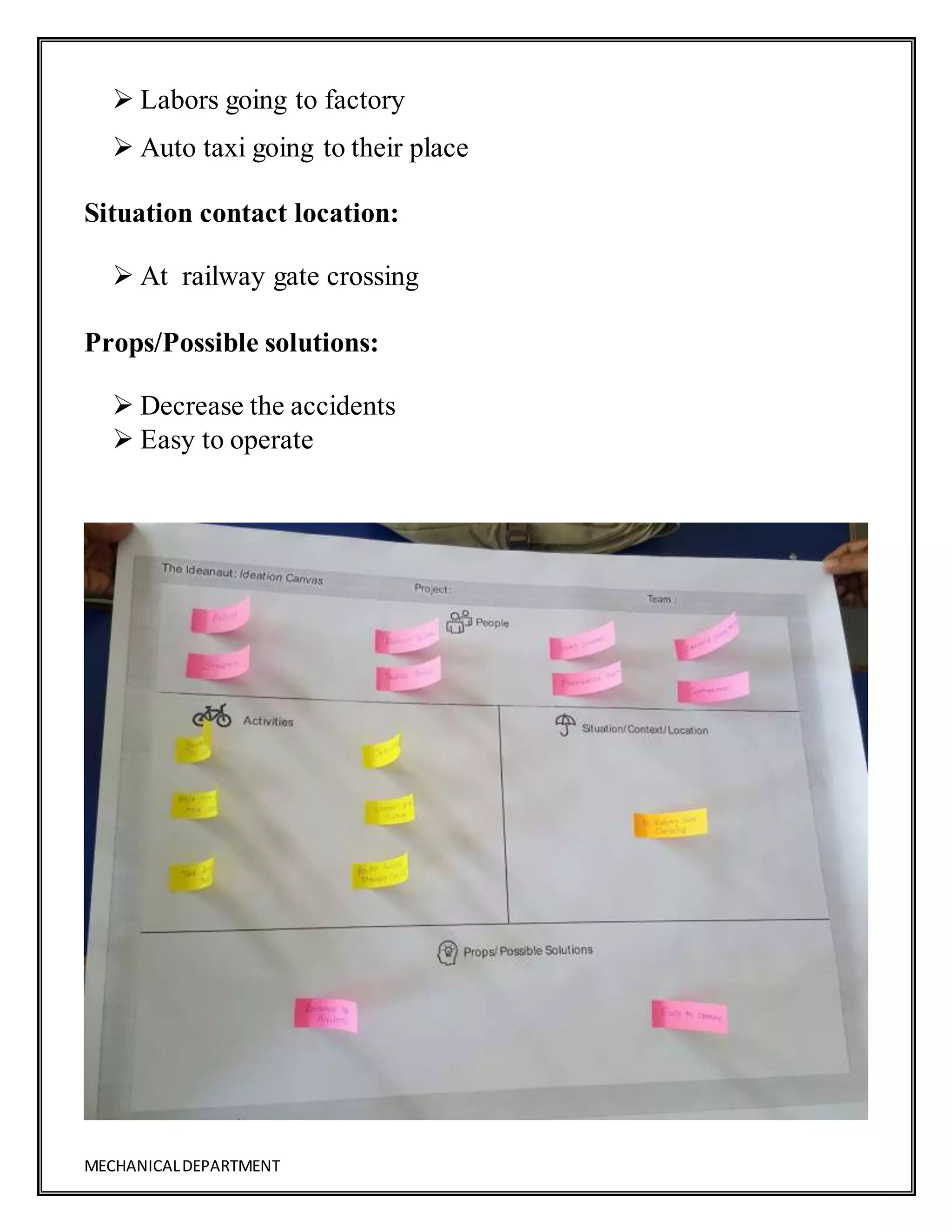 MECHANICALDEPARTMENT
 Labors going to factory
 Auto taxi going to their place
Situation contact location:
 At railway gate crossing
Props/Possible solutions:
 Decrease the accidents
 Easy to operate
 