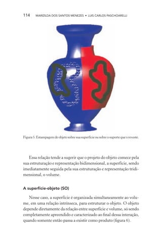 114      MARIZILDA DOS SANTOS MENEZES • LUIS CARLOS PASCHOARELLI




Figura 5. Estampagem de objeto sobre sua superfície ou sobre o suporte que o reveste.




   Essa relação tende a sugerir que o projeto do objeto comece pela
sua estruturação e representação bidimensional, a superfície, sendo
imediatamente seguida pela sua estruturação e representação tridi-
mensional, o volume.


A superfície-objeto (SO)

   Nesse caso, a superfície é organizada simultaneamente ao volu-
me, em uma relação intrínseca, para estruturar o objeto. O objeto
depende diretamente da relação entre superfície e volume, só sendo
completamente apreendido e caracterizado ao ﬁnal dessa interação,
quando somente então passa a existir como produto (ﬁgura 6).
 