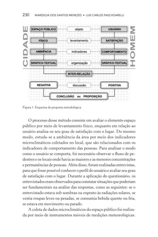 230     MARIZILDA DOS SANTOS MENEZES • LUIS CARLOS PASCHOARELLI




Figura 1. Esquema de proposta metodológica.



    O processo desse método consiste em avaliar o elemento espaço
público por meio de levantamento físico, enquanto em relação ao
usuário analisa-se seu grau de satisfação com o lugar. Do mesmo
modo, estuda-se a ambiência da área por meio dos indicadores
microclimáticos coletados no local, que são relacionados com os
indicadores de comportamento das pessoas. Para analisar o modo
como o usuário se comporta, foi necessário observar o ﬂuxo de pe-
destres e os locais onde havia as maiores e as menores concentrações
e permanências de pessoas. Além disso, foram realizadas entrevistas,
para que fosse possível conhecer o perﬁl do usuário e avaliar seu grau
de satisfação com o lugar. Durante a aplicação do questionário, os
entrevistados eram observados para constatar situações que poderiam
ser fundamentais na análise das respostas, como as seguintes: se o
entrevistado estava sob sombras ou exposto às radiações solares, se
vestia roupas leves ou pesadas, se consumia bebida quente ou fria,
se estava em movimento ou parado.
    A coleta de dados microclimáticos do espaço público foi realiza-
da por meio de instrumentos móveis de medições meteorológicas.
 