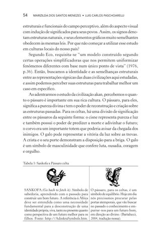 54     MARIZILDA DOS SANTOS MENEZES • LUIS CARLOS PASCHOARELLI


estruturais e funcionais do campo perceptivo, além do aspecto visual
com indução de signiﬁcados para seus povos. Assim, os signos deno-
tam estruturas naturais, e seus elementos gráﬁcos muito semelhantes
obedecem às mesmas leis. Por que não começar a utilizar esse estudo
em culturas locais do nosso país?
    Segundo Eco, requisita-se “um modelo construído segundo
certas operações simplificadoras que nos permitem uniformizar
fenômenos diferentes com base num único ponto de vista” (1976,
p.36). Então, buscamos a identidade e as semelhanças estruturais
entre as representações sígnicas das duas civilizações aqui estudadas,
e assim podemos perceber suas estruturas para trabalhar melhor um
caso em especíﬁco.
    Ao adentrarmos o estudo da civilização akan, percebemos o quan-
to o pássaro é importante em sua rica cultura. O pássaro, para eles,
signiﬁca a pureza divina e tem o poder de reconstrução e criação sobre
as estruturas passadas. Para os celtas, há uma divisão de signiﬁcação
entre os pássaros da seguinte forma: o cisne representa pureza e luz
e também possui o poder de predizer a morte e adivinhar o futuro;
o corvo era um importante totem que poderia avisar da chegada dos
inimigos. O galo pode representar a vitória da luz sobre as trevas.
A crista e o seu porte demonstram a disposição para a briga. O galo
é um símbolo de masculinidade que confere luta, ousadia, coragem
e orgulho.

Tabela 5: Sankofa x Pássaro celta




SANKOFA (Go back to fetch it). Símbolo de            O pássaro, para os celtas, é um
sabedoria, aprendendo com o passado para             símbolo de equilíbrio. Hoje em dia
construir um bom futuro. A referência à África       nós precisamos procurar pelas
deve ser entendida como uma necessidade              portas atemporais, que vão buscar
fundamental para a desconstrução de uma              no passado o conhecimento e em-
identidade própria, viva, tanto no presente quanto   purrar-nos para um futuro bom,
como perspectiva de um futuro melhor para os         em direção ao divino. (Bartalucci,
filhos. Fonte: http://AdinkraSymbols.htm.            2004, tradução nossa).
 