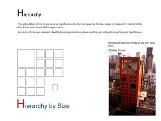 Hierarchy
The articulation of the importance or significance of a form or space by its size, shape or placement relative to the
other forms and spaces of the organization.
A system of elements ranked, classified and organized one above another, according to importance or significance.
Hierarchy by Size
Permanent Mission of India to the UN. New
York.
-Charles Correa
 