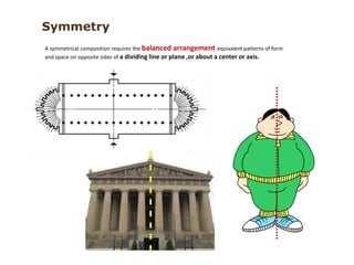 A symmetrical composition requires the balanced arrangement equivalent patterns of form
and space on opposite sides of a dividing line or plane ,or about a center or axis.
Symmetry
 