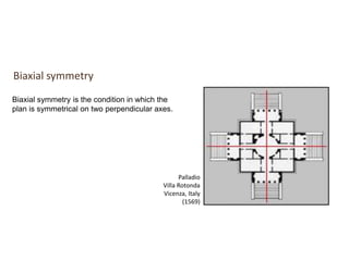 Biaxial symmetry is the condition in which the
plan is symmetrical on two perpendicular axes.
Palladio
Villa Rotonda
Vicenza, Italy
(1569)
Biaxial symmetry
 