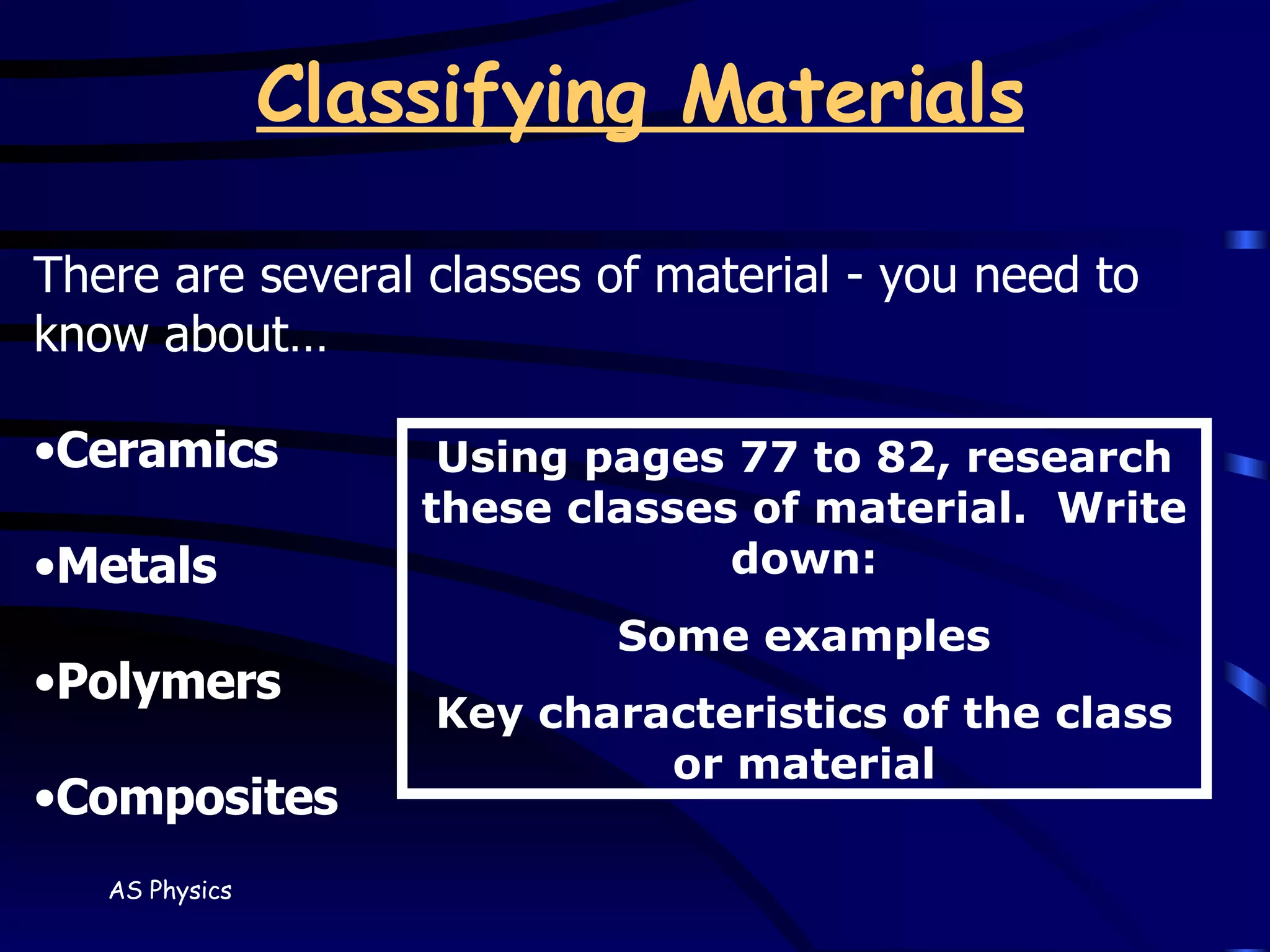 Classifying Materials There are several classes of material - you need to know about… Ceramics Metals Polymers Composites Using pages 77 to 82, research these classes of material.  Write down: Some examples Key characteristics of the class or material 