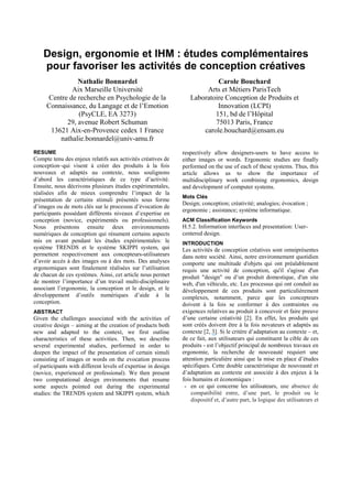 Design, ergonomie et IHM : études complémentaires
pour favoriser les activités de conception créatives
Nathalie Bonnardel
...