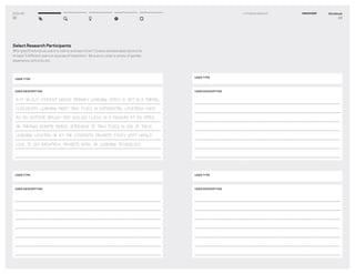 DT for Ed
22
Select Research Participants
Who speciﬁcally do you want to talk to and learn from? Create detailed descriptions for
at least 3 different users or sources of inspiration. Be sure to cover a variety of gender,
experience, ethnicity, etc.
USER TYPE HOME-SCHOOLED STUDENT
USER DESCRIPTION
13-17 YR-OLD STUDENT WHOSE PRIMARY LEARNING SPACE IS NOT IN A FORMAL
CLASSROOM. LEARNING MIGHT TAKE PLACE IN EXPERIENTIAL LOCATIONS SUCH
AS AN OUTDOOR BIOLOGY AND GEOLOGY CLASS, IN A MUSEUM, AT AN OFFICE,
OR THROUGH REMOTE MEANS. INTERVIEW TO TAKE PLACE IN ONE OF THESE
LEARNING LOCATION OR AT THE STUDENT’S FAVORITE STUDY SPOT. WOULD
LOVE TO SEE BACKPACK, FAVORITE BOOK, OR LEARNING TECHNOLOGY.
USER TYPE
USER DESCRIPTION
Workbook
23
1–2 Prepare Research DISCOVERY
USER TYPE
USER DESCRIPTION
USER TYPE
USER DESCRIPTION
 