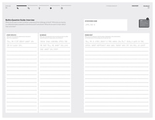 DT for Ed
24
Build a Question Guide: Interview
What do you want to learn to better understand the challenge at hand? What are you hoping
to understand about people’s motivations and frustrations? What do you want to learn about
their activities?
START SPECIFIC
What are some speciﬁc questions you can ask to
open the conversation?
TELL ME A BIT ABOUT WHAT YOU
DID IN CLASS DAY...
GO BROAD
What are some questions that can help you start to under-
stand this person’s hopes, fears and ambitions?
DRAW YOUR LEARNING SPACE FOR
ME AND TELL ME WHAT YOU LOVE
AND WHAT YOU DON’T
Workbook
25
1–2 Prepare Research DISCOVERY
INTERVIEWEE NAME
JOHN, AGE 16
PROBE DEEP
What are some ways you might be able to dig deeper in the conversation,,
to ﬁnd even more of the perspective this person has?
TELL ME A STORY ABOUT A TIME WHEN YOU FELT REALLY GOOD IN THIS
SPACE. WHAT HAPPENED? WHO WAS THERE? WHY DID YOU FEEL SO GOOD?
TIP
Make a copy
of this for each
interview.
!
 