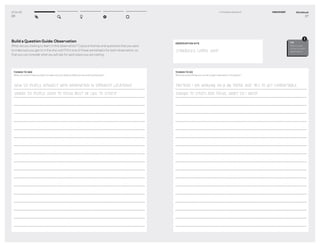 DT for Ed
26
Build a Question Guide: Observation
What are you looking to learn in this observation? Capture themes and questions that you want
to make sure you get to in the site visit! Fill in one of these worksheets for each observation, so
that you can consider what you will ask for each place you are visiting.
THINGS TO SEE
What are some things you want to make sure you observe while you are visiting this place?
HOW DO PEOPLE INTERACT WITH INFORMATION IN DIFFERENT LOCATIONS?
WHERE DO PEOPLE SEEM TO FOCUS BEST OR LIKE TO STUDY?
Workbook
27
1–2 Prepare Research DISCOVERY
OBSERVATION SITE
STARBUCKS COFFEE SHOP
THINGS TO DO
What are some things you can do to gain inspiration in this place?
PRETEND I AM WORKING ON A BIG PAPER AND TRY TO GET COMFORTABLE
ENOUGH TO STUDY AND FOCUS. WHAT DO I NEED?
TIP
Make a copy
of this for each
observation.
!
 