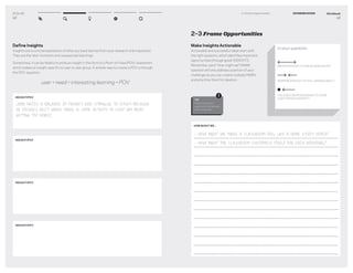 DT for Ed
42
Deﬁne Insights
Insights are a concise expression of what you have learned from your research and inspiration.
They are the “aha” moments and unexpected learnings.
Sometimes, it can be helpful to write an insight in the form of a Point-of-View (POV) statement
which makes an insight speciﬁc to user or user group. A simpler way to create a POV is through
the POV equation.
user + need + interesting learning = POV
INSIGHT/POV
JOHN NEEDS A BALANCE OF PRIVACY AND STIMULUS TO STUDY BECAUSE
HE FOCUSES BEST WHEN THERE IS SOME ACTIVITY TO KEEP HIM FROM
GETTING TOO BORED.
INSIGHT/POV
INSIGHT/POV
INSIGHT/POV
Workbook
43
2–3 Frame Opportunities INTERPRETATION
Make Insights Actionable
Actionable and successful ideas start with
the right question, which identiﬁes important
opportunities through great INSIGHTS.
Remember, each “How might we” (HMW)
question will only address a portion of your
challenge so you can create multiple HMW’s
and prioritize them for ideation.
Is your question...
BROAD ENOUGH TO SPEAK NOW IDEAS?
NARROW ENOUGH TO FEEL MANAGEABLE?
FOCUSED ON RESPONDING TO YOUR
USER-DRIVEN INSIGHT?
HOW MIGHT WE...
- HOW MIGHT WE MAKE A CLASSROOM FEEL LIKE A HOME STUDY SPACE?
- HOW MIGHT THE CLASSROOM CUSTOMIZE ITSELF FOR EACH INDIVIDUAL?
2–3 Frame Opportunities
TIP
Avoid brainstorm
questions that already
imply a solution
!
 