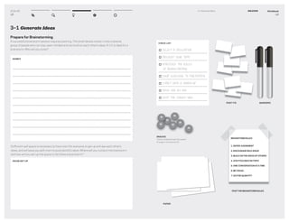 DT for Ed
48
3–1 Generate Ideas
Prepare for Brainstorming
A successful brainstorm session requires planning. The small details matter. Invite a diverse
group of people who can stay open-minded and can build on each other’s ideas. 6-10 is ideal for a
brainstorm. Who will you invite?
Sufﬁcient wall space is necessary to have room for everyone to get up and see each other’s
ideas, and will leave you with room to post plentiful ideas. Where will you conduct the brainstorm
and how will you set-up the space to facilitate a brainstorm?
NAMES
ROOM SET-UP
Workbook
49
3–1 Generate Ideas IDEATION
CHECK LIST
SELECT A FACILITATOR
PRESENT YOUR TOPIC
INTRODUCE THE RULES
OF BRAINSTORMING
EQUIP EVERYONE TO PARTICIPATE
START WITH A WARM-UP
MOVE ONE BY ONE
KEEP THE ENERGY HIGH
POST ITS MARKERS
POSTTHE BRAINSTORM RULES.
SNACKS
(never underestimate the power
of sugar in a brainstorm!)
PAPER
BRAINSTORM RULES
1. DEFER JUDGEMENT
2. ENCOURAGE WILD IDEAS
3. BUILD ON THE IDEAS OF OTHERS
4. STAYFOCUSED ON TOPIC
5. ONE CONVERSATION ATA TIME
6. BE VISUAL
7. GO FOR QUANTITY
 